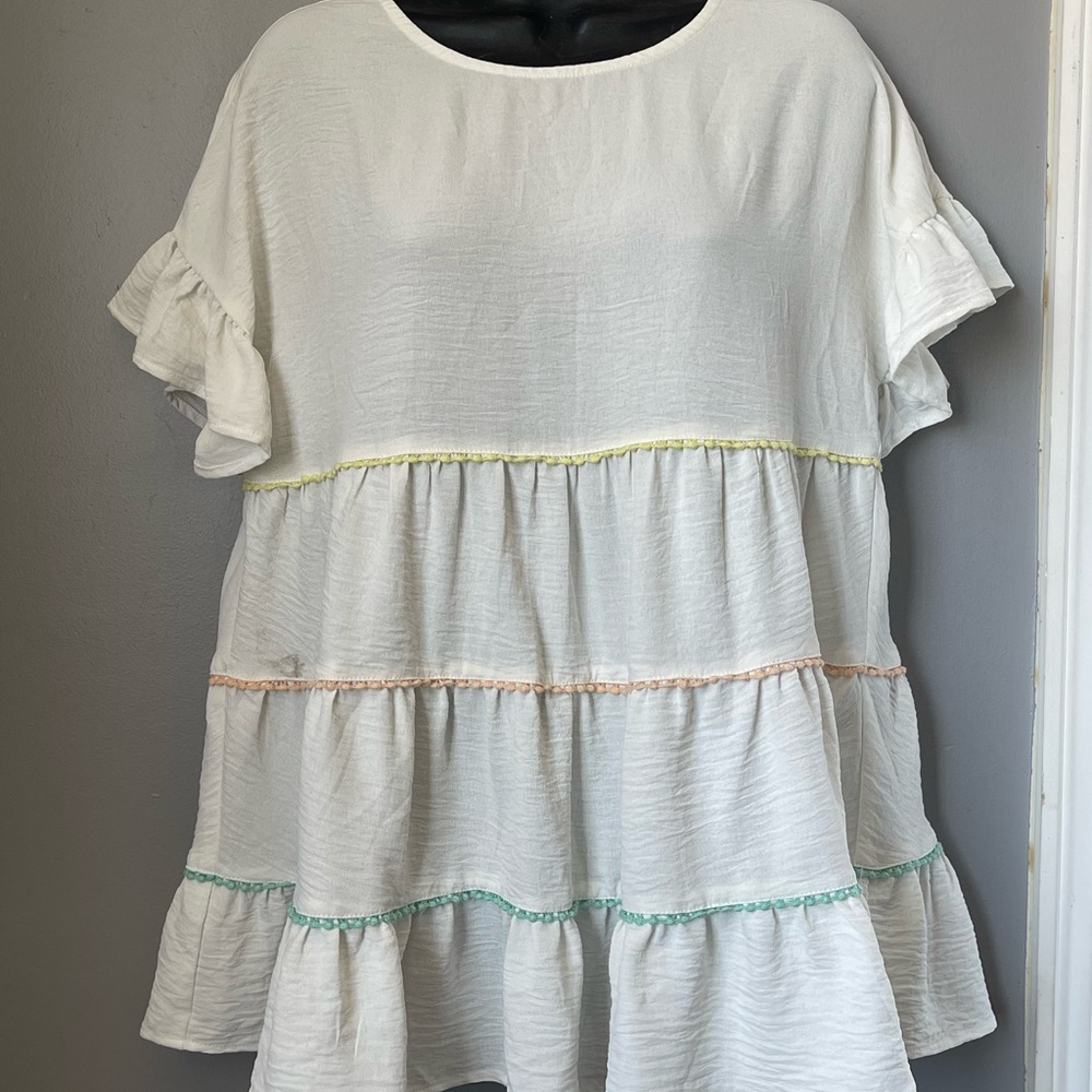 Hailey & Co. White Ruffle Tiered blouse with Pastel Accents size S